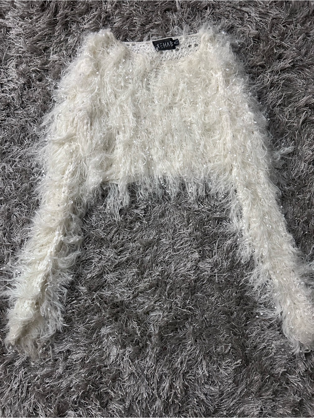 Rehab Cream Fuzzy Cropped V-Neck Sweater